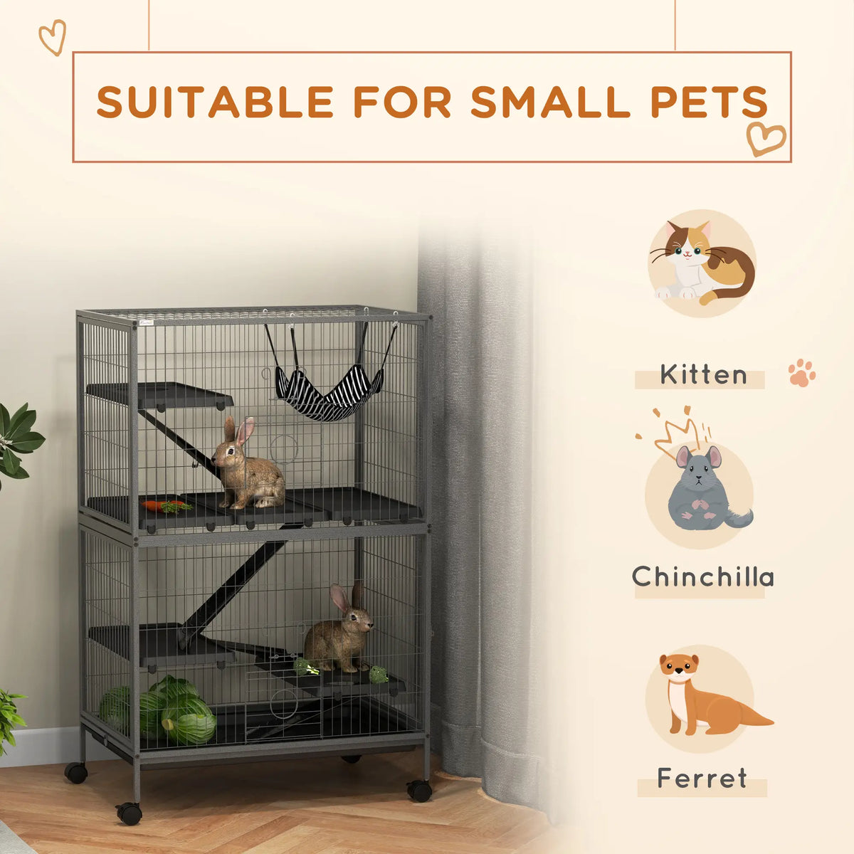 Cage à roulettes à 5 niveaux pour petits animaux, cage de luxe pour cochons d'Inde, furets, visons, chinchillas, chatons et lapins (gris)