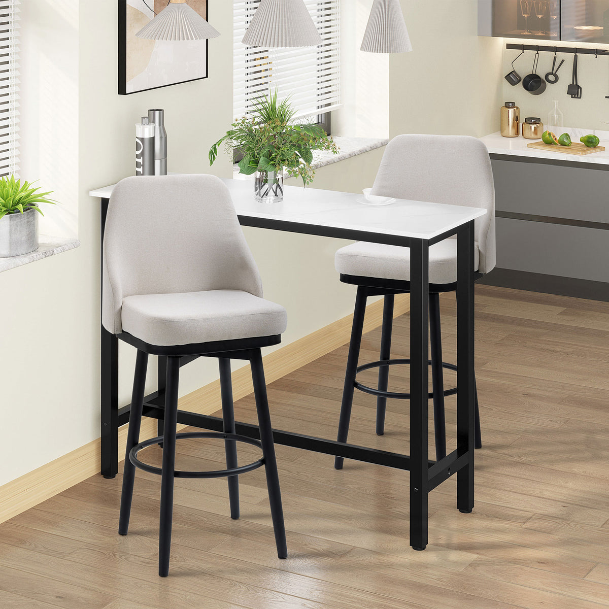 Ensemble de 2 tabourets de bar extra hauts, tabourets de bar pivotants à 360° au design moderne, chaises de salle à manger avec repose-pieds et pieds en acier, blanc crème