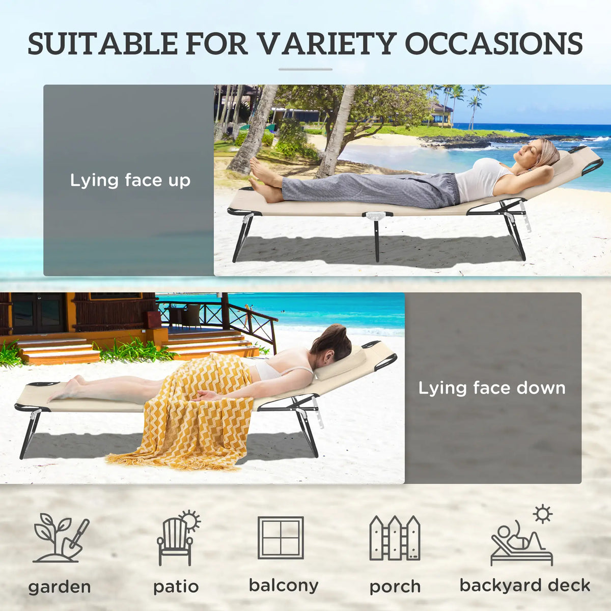 Chaise longue d'extérieur, chaise longue pliante de jardin avec dossier réglable, ouverture pour le visage et coussin de soutien, beige