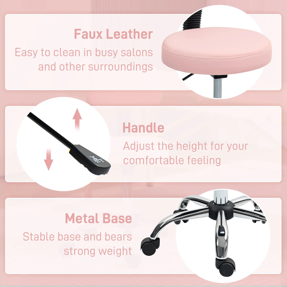 Tabouret roulant réglable avec dossier amovible, tabouret pivotant en similicuir pour salon de beauté, spa, bar, massage, rose