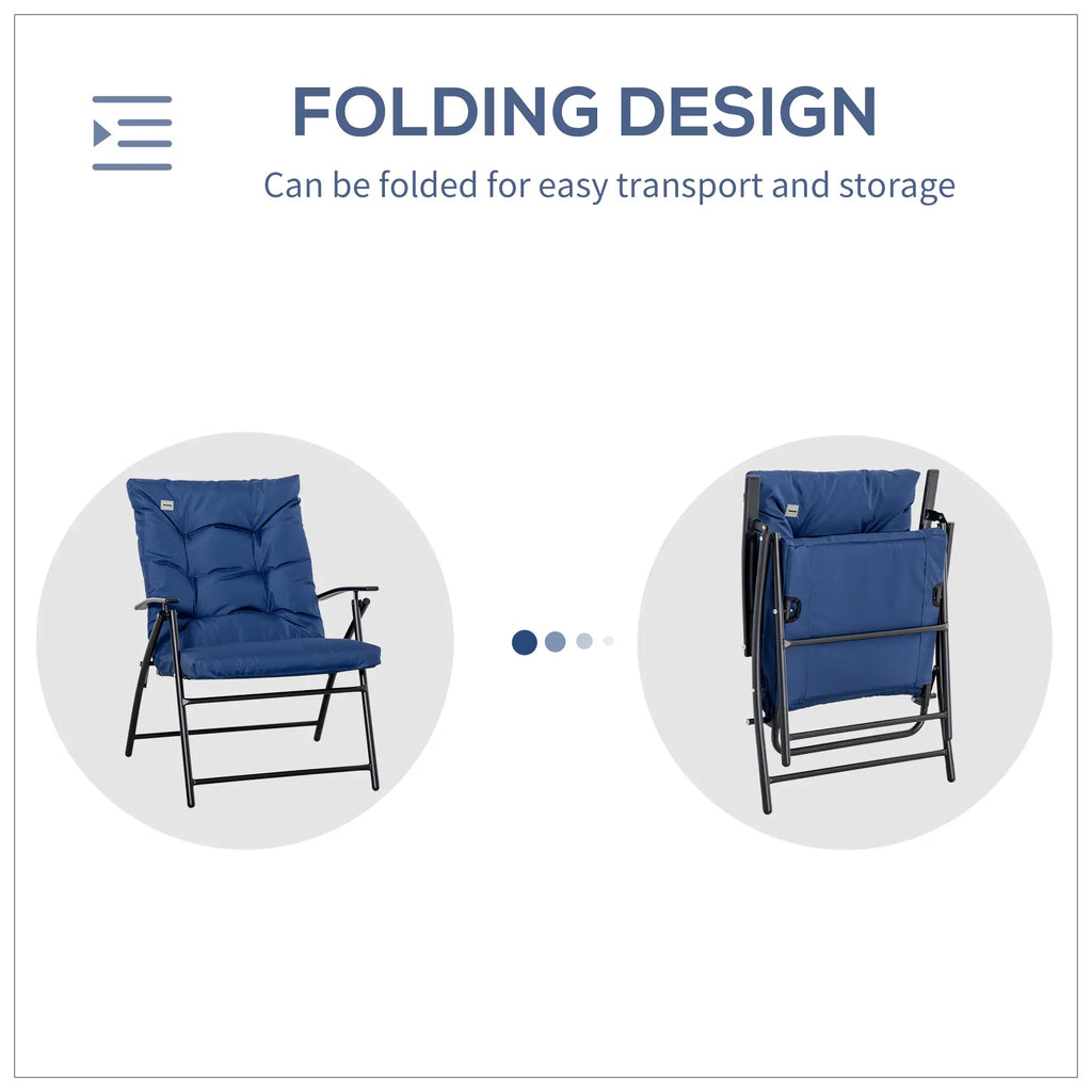 Fauteuil de jardin pliable, inclinable et revêtu de tissu, avec accoudoirs et structure en métal, bleu.