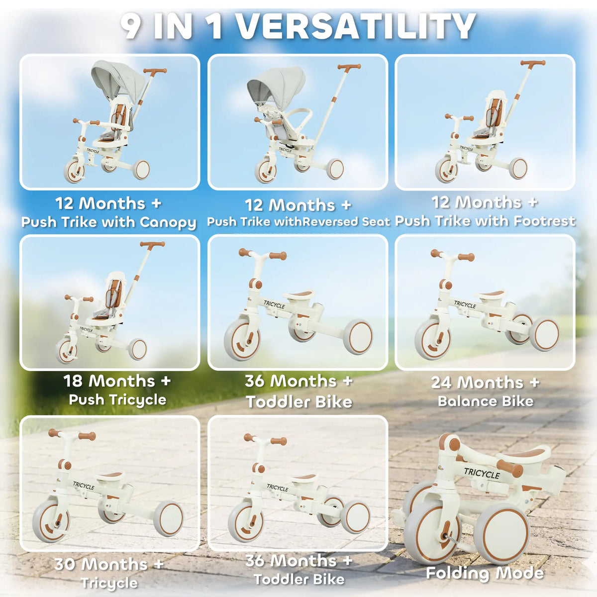 Tricycle 7 en 1 pour tout-petits avec harnais de sécurité, poignée parentale réglable et amovible, capote, sac de rangement et frein, blanc crème