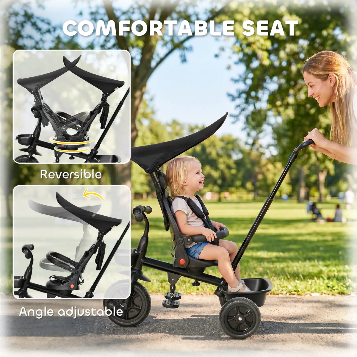 Tricycle 5 en 1 pour enfants de 1 à 5 ans : transforme la poussette en vélo, dossier réglable, capote plate, barre de sécurité et poignée amovibles. Couleur : noir.