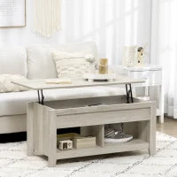 Table basse relevable avec rangement, effet chêne