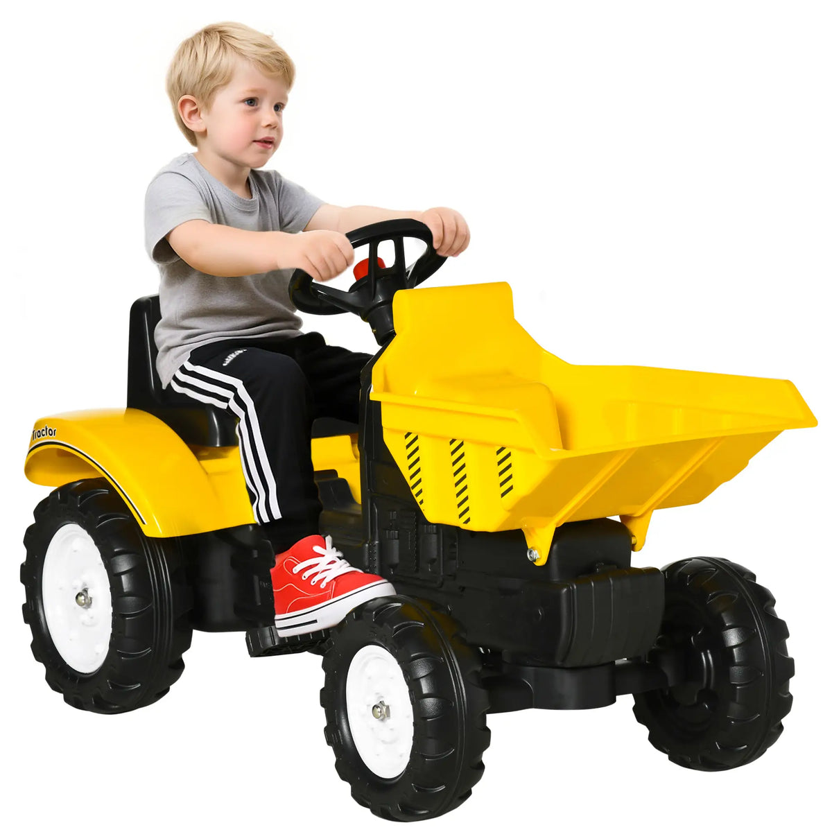 Tracteur à pédales pour enfants, avec godet à commande manuelle, jaune, pour les enfants de 3 ans et plus.