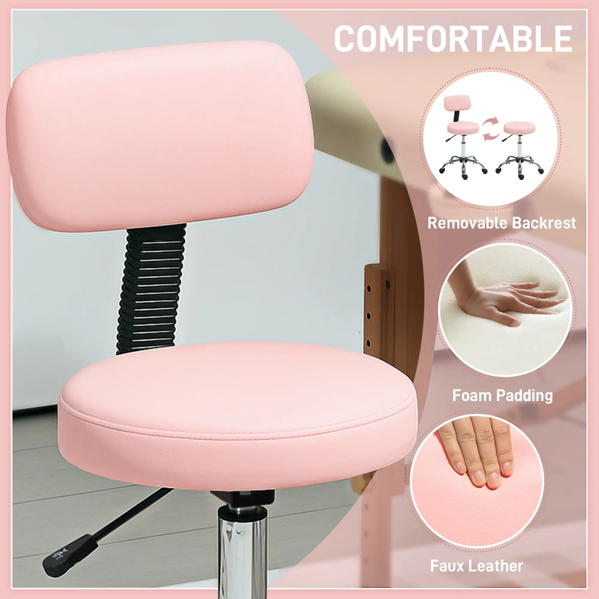 Tabouret roulant réglable avec dossier amovible, tabouret pivotant en similicuir pour salon de beauté, spa, bar, massage, rose
