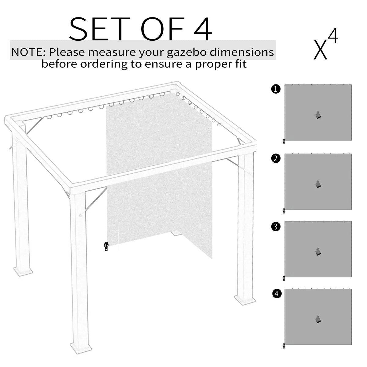 Rideaux de gazebo, rideau de remplacement universel pour intimité, 3 m x 3 m, 4 panneaux latéraux avec crochets/anneaux en C, gris clair