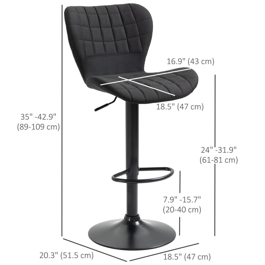 Ensemble de 2 tabourets de bar, chaises de bar pivotantes à hauteur réglable, tabourets de comptoir de cuisine revêtus de tissu aspect lin avec assise large, dossier et repose-pieds, noir