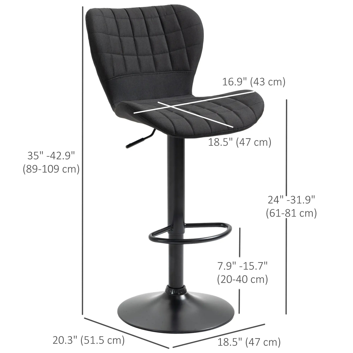 Ensemble de 2 tabourets de bar, chaises de bar pivotantes à hauteur réglable, tabourets de comptoir de cuisine revêtus de tissu aspect lin avec assise large, dossier et repose-pieds, noir