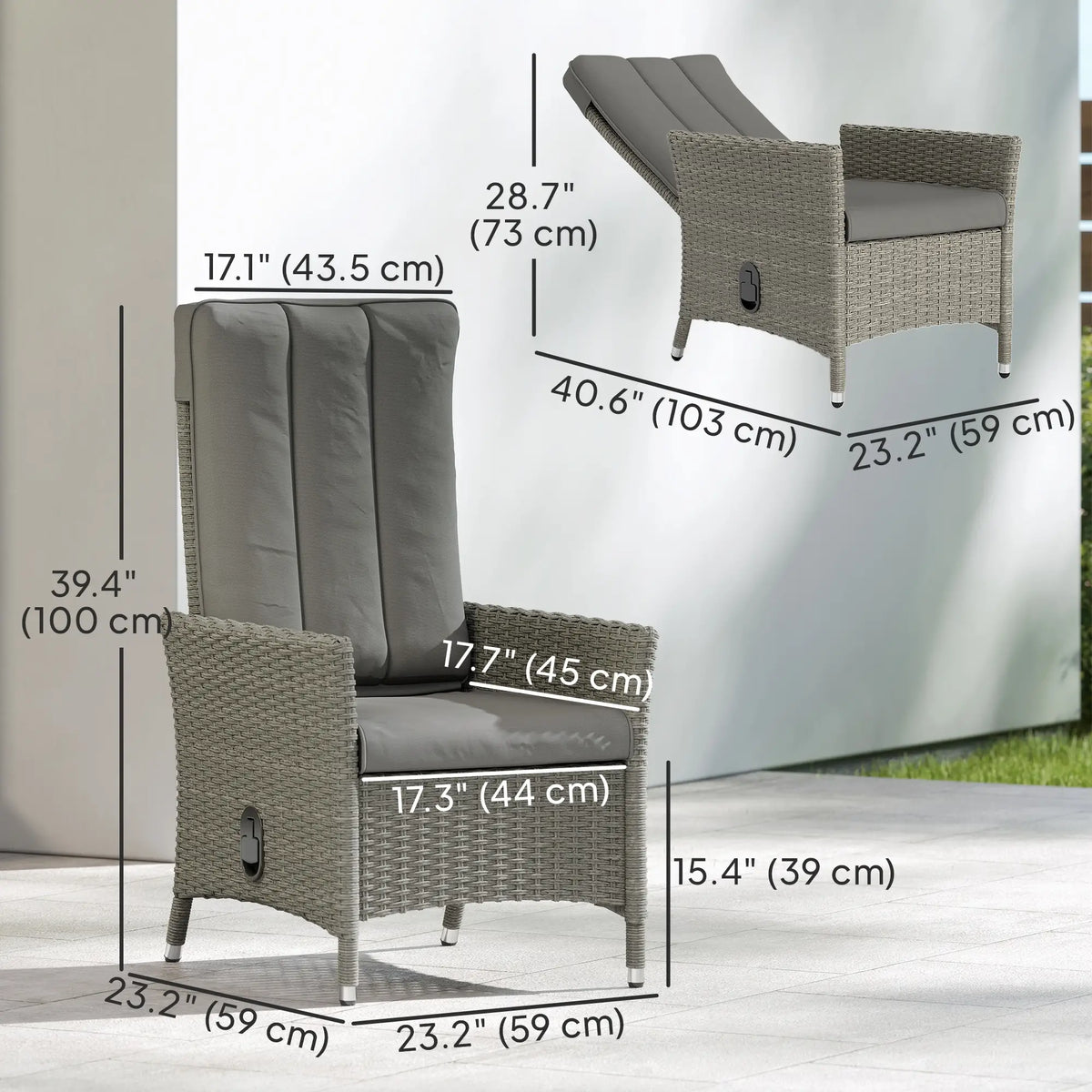 Fauteuil inclinable d'extérieur en osier, fauteuil de patio inclinable en osier avec dossier et coussin réglables, gris