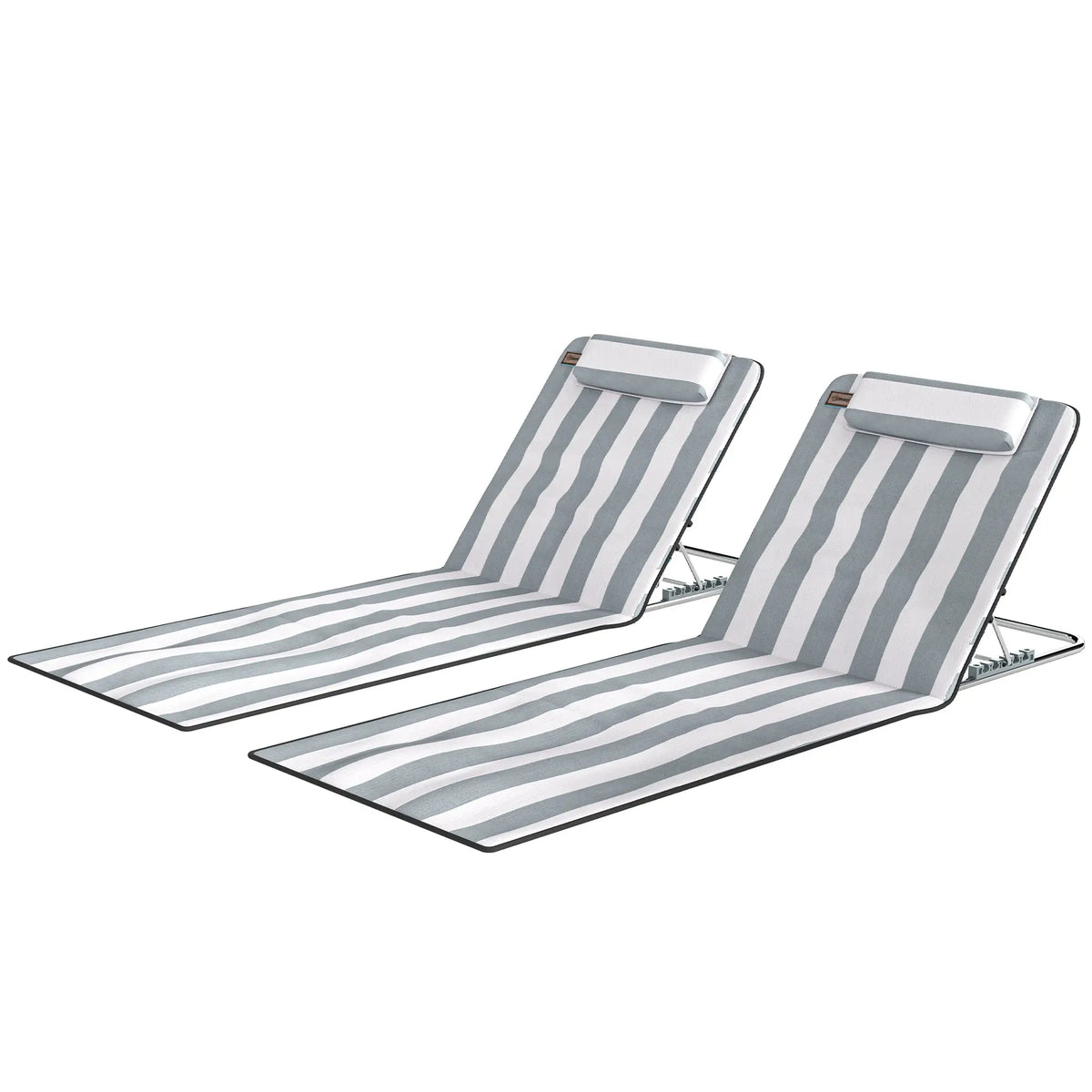 Ensemble de 2 chaises longues de plage pliantes avec coussin pour bronzer, coloris gris clair et blanc.