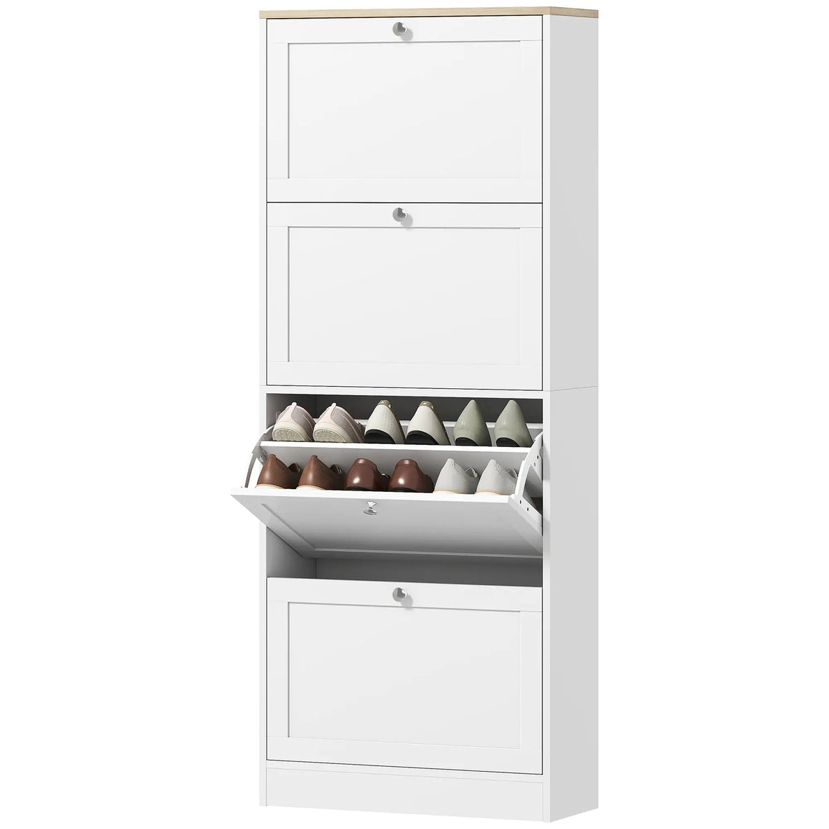 Meuble à chaussures moderne avec 4 tiroirs à charnières et étagères réglables, pour 18 à 24 paires de chaussures, blanc