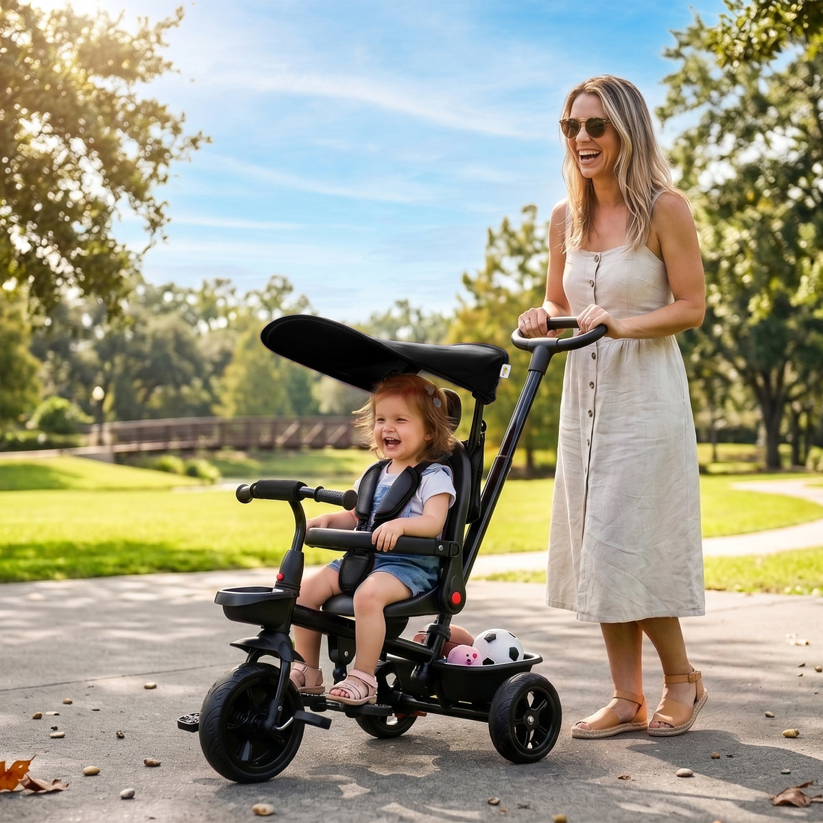 Tricycle 5 en 1 pour enfants de 1 à 5 ans : transforme la poussette en vélo, dossier réglable, capote plate, barre de sécurité et poignée amovibles. Couleur : noir.