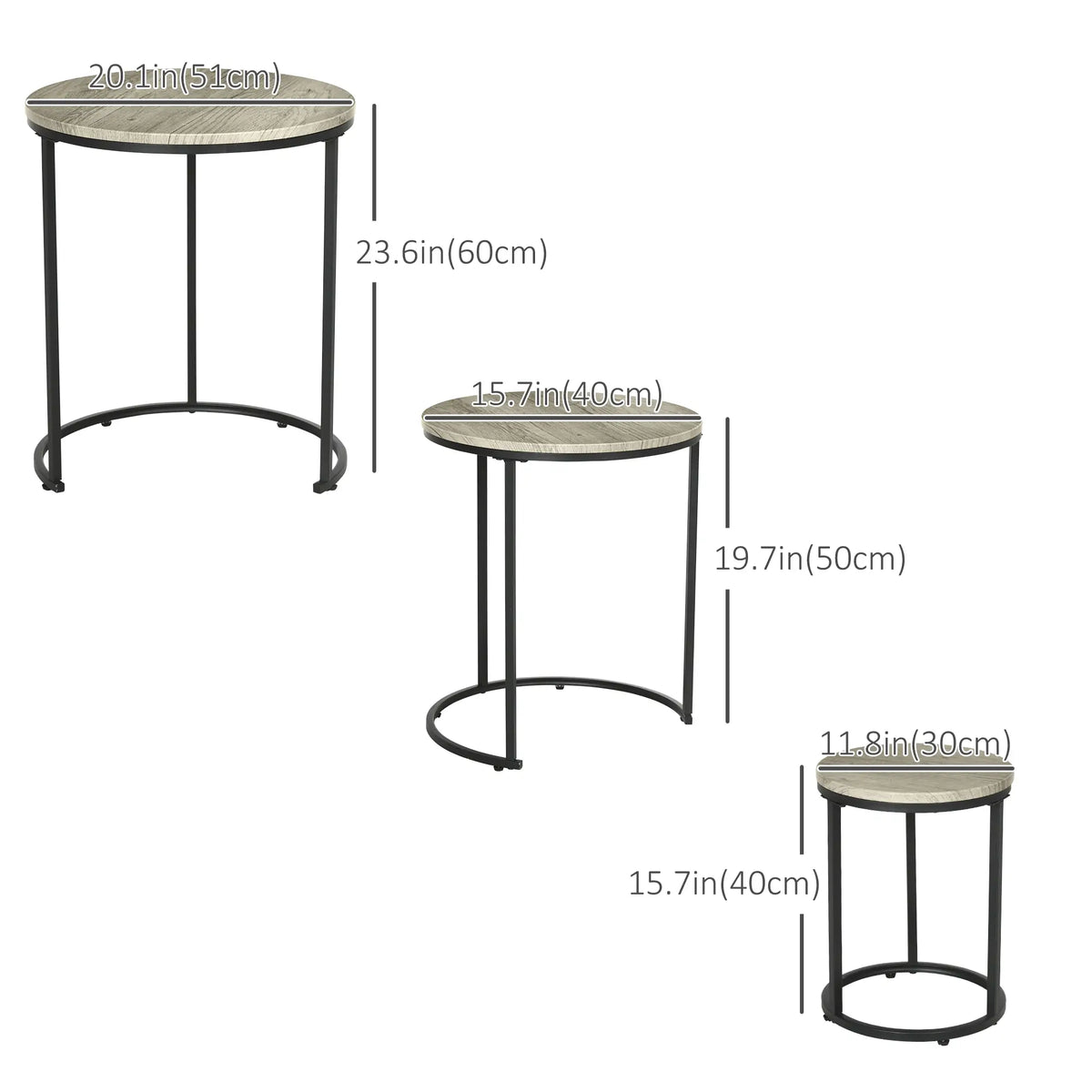 Ensemble de 3 tables gigognes, table basse ronde, tables d'appoint empilables avec structure en acier pour salon