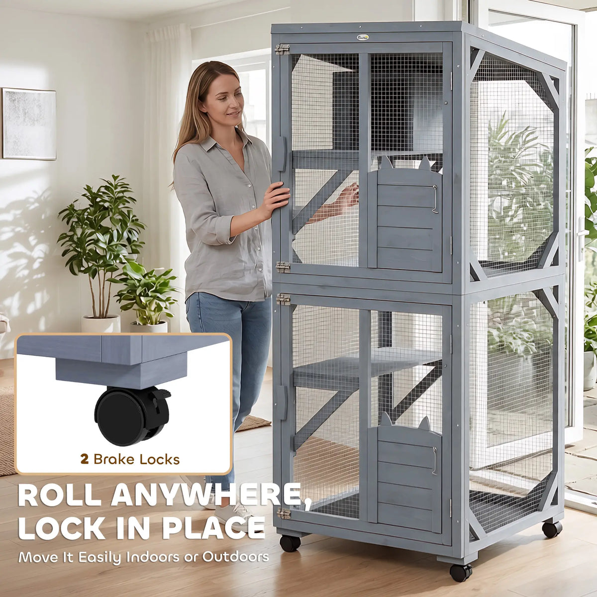 Enclos extérieur mobile pour chats avec niche de repos, 3 plateformes de saut et toit en asphalte étanche pour une utilisation intérieure et extérieure.