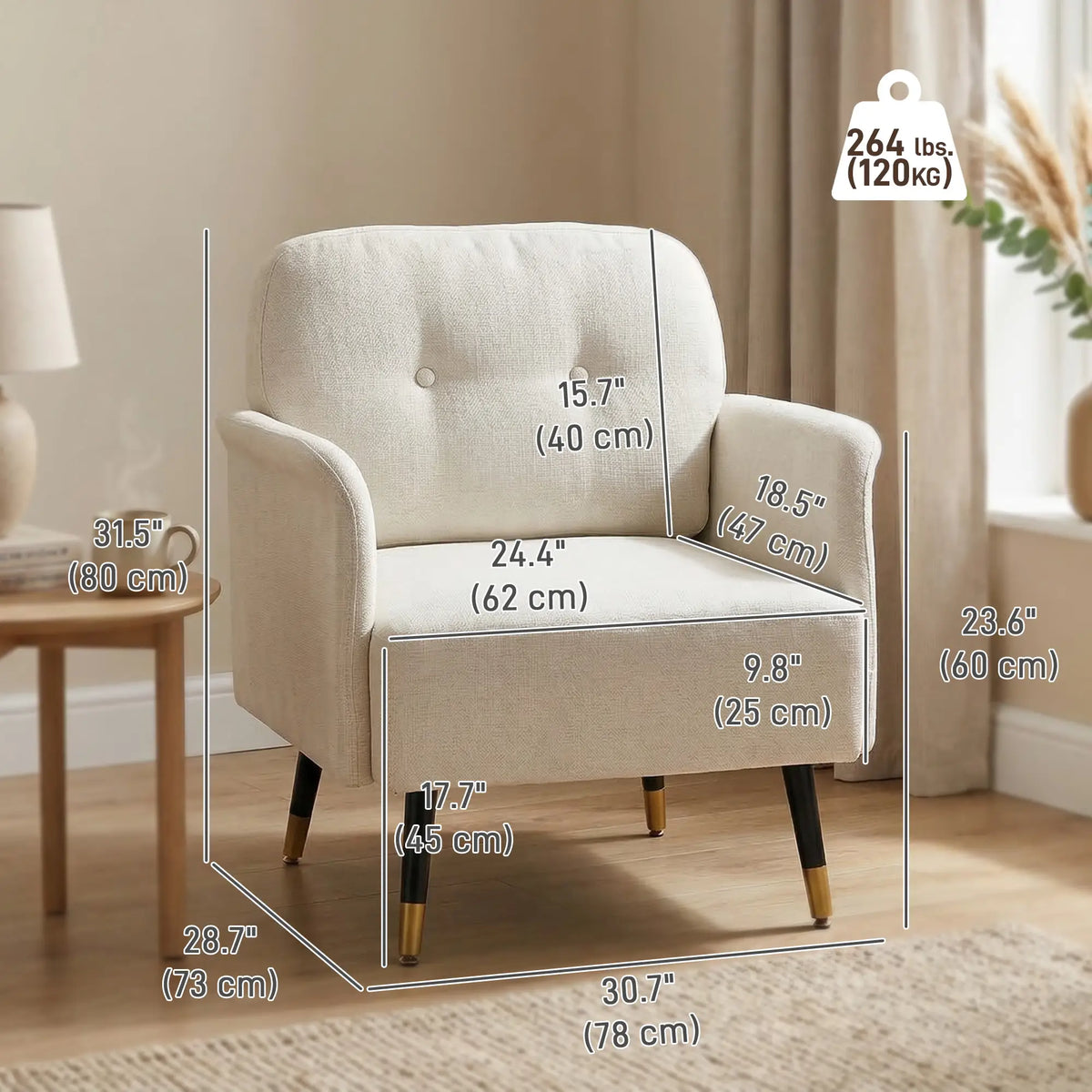 Fauteuil d'appoint moderne capitonné avec pieds en métal, fauteuil de lecture rembourré pour salon, blanc crème