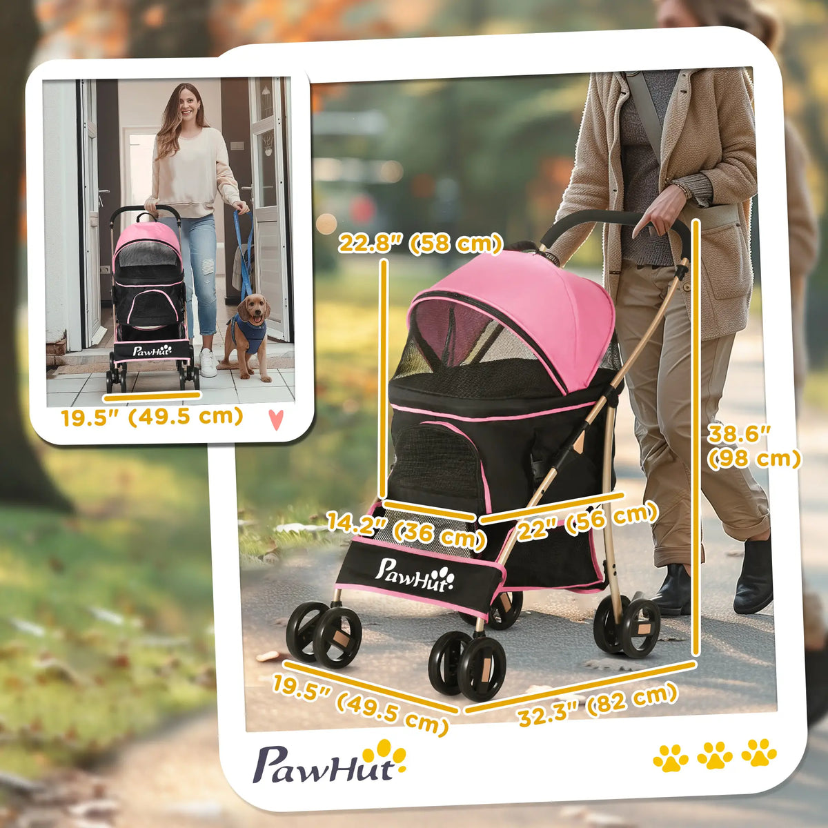 Poussette pour animaux de compagnie à 4 roues, 3 en 1, pliable et idéale pour les petits chiens. Elle est équipée d'un frein, d'une capote, d'un panier et d'un sac de rangement. Couleur : rose.