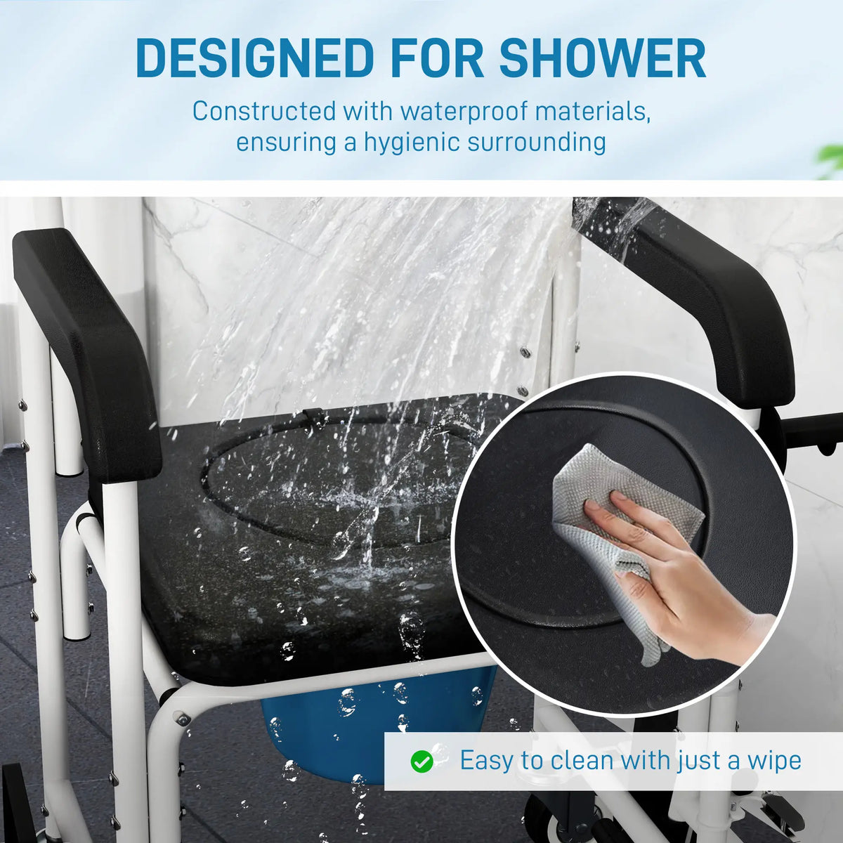 Chaise de douche roulante, chaise percée de chevet à roulettes avec dossier, accoudoirs et repose-pieds rabattables pour personnes âgées et personnes handicapées, noire