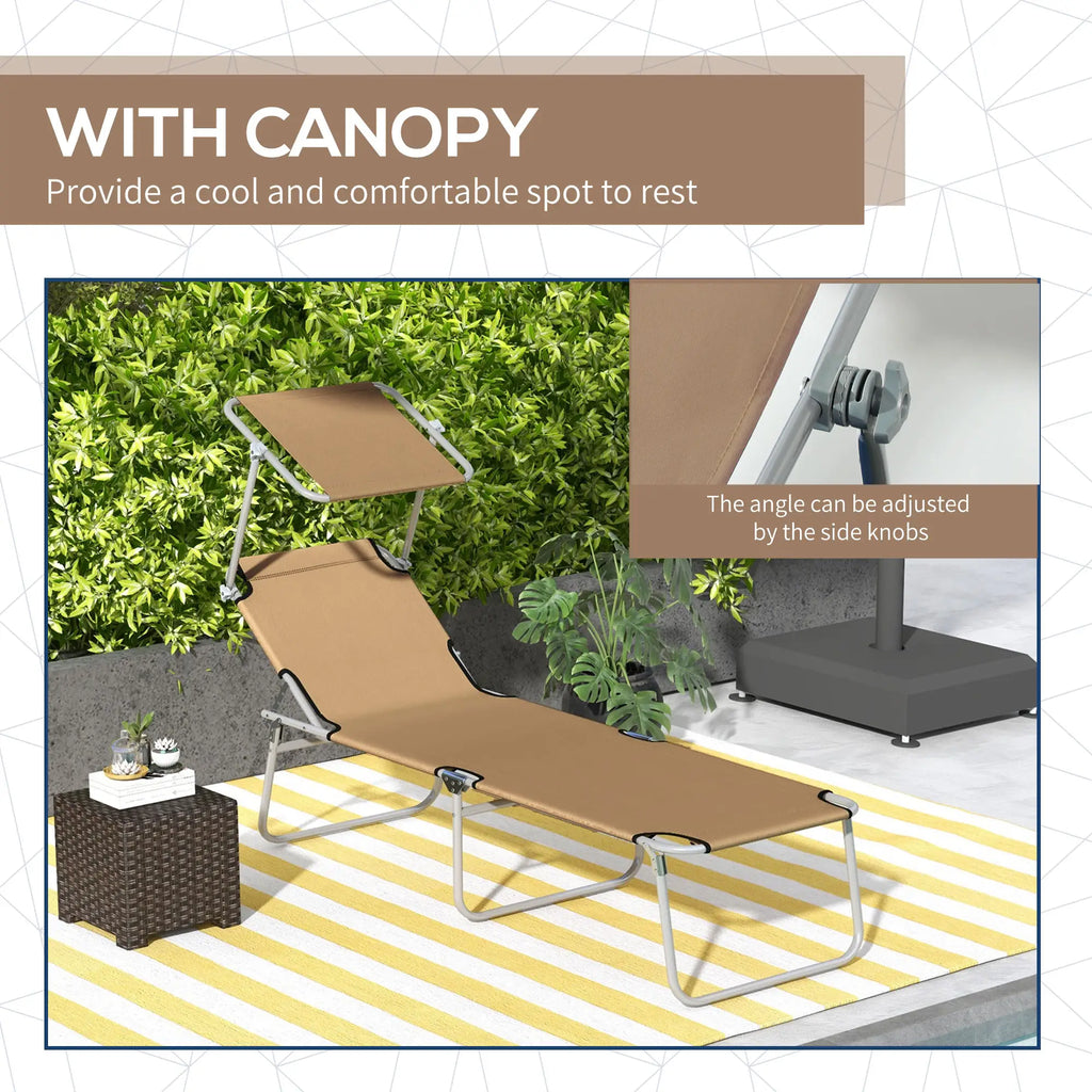Chaise longue d'extérieur, chaise longue pliante et réglable, avec pare-soleil pour la plage, le camping, la randonnée et le jardin, marron