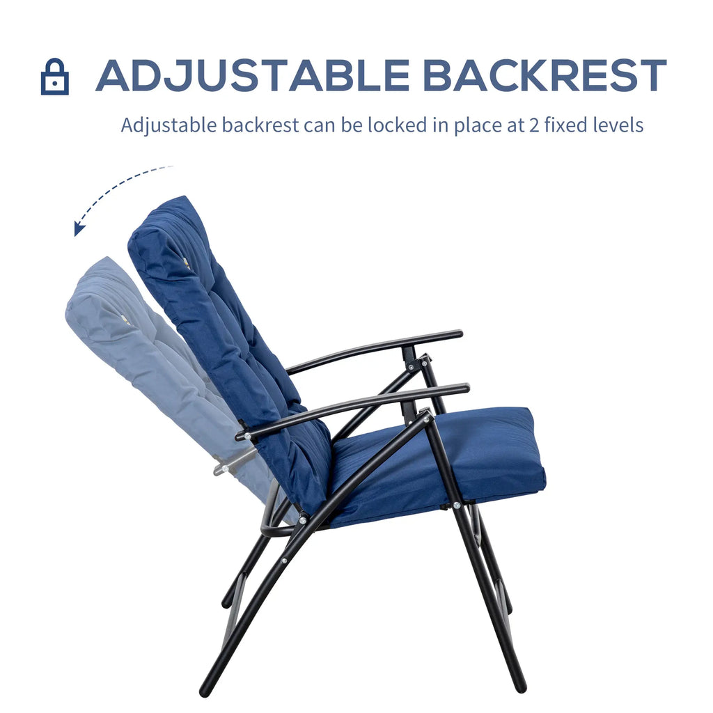 Fauteuil de jardin pliable, inclinable et revêtu de tissu, avec accoudoirs et structure en métal, bleu.