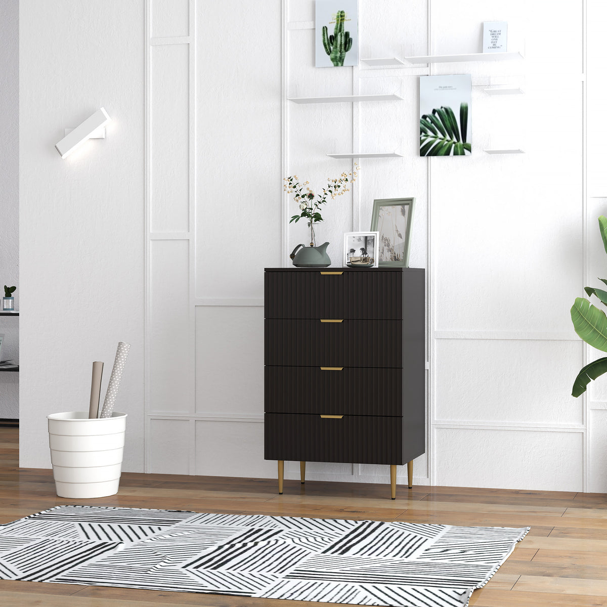 Commode moderne à 4 tiroirs pour chambre à coucher, pieds et poignées dorés, noire