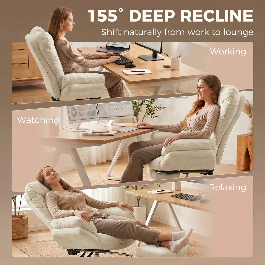 Fauteuil de bureau à roulettes, assise croisée, accoudoirs en cascade, large et rembourré, avec repose-pieds, beige