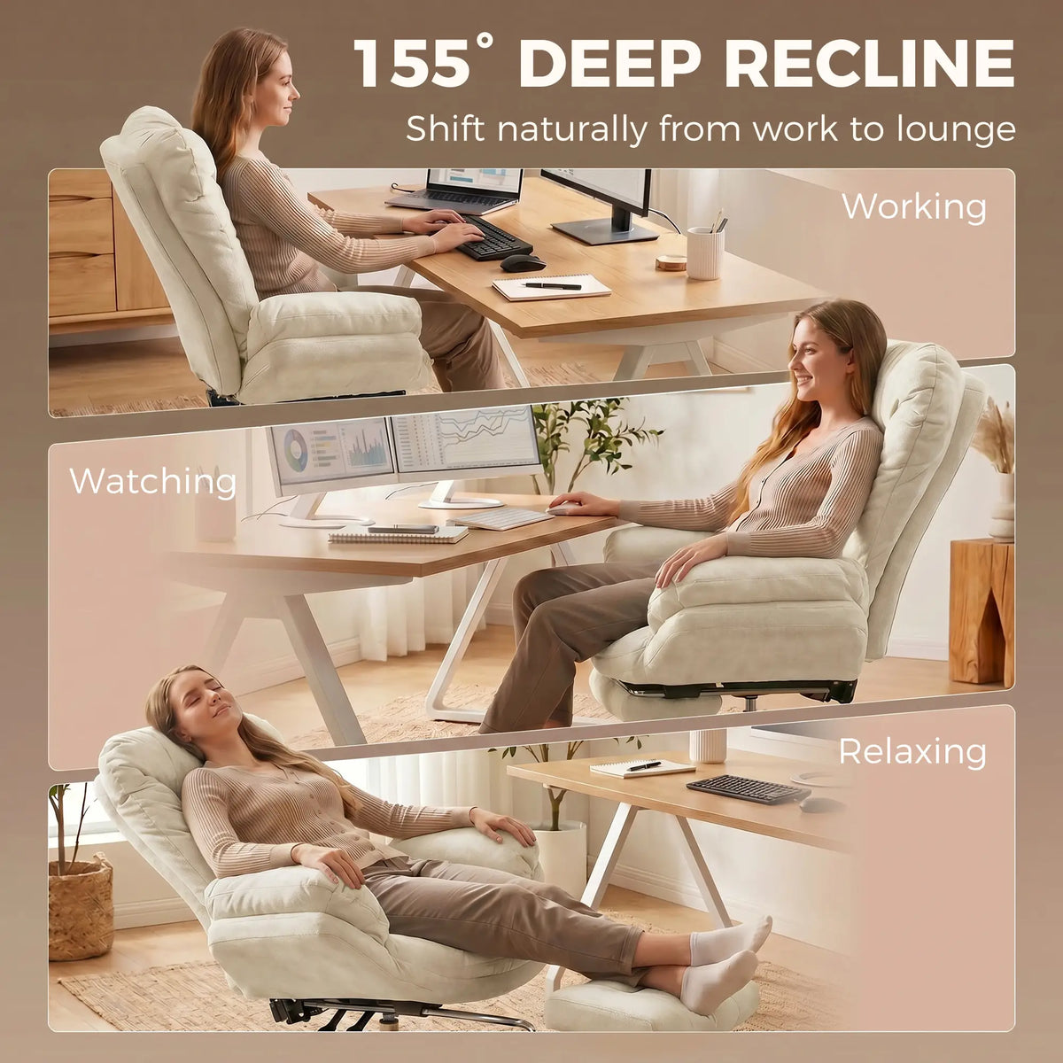 Fauteuil de bureau à roulettes, assise croisée, accoudoirs en cascade, large et rembourré, avec repose-pieds, beige