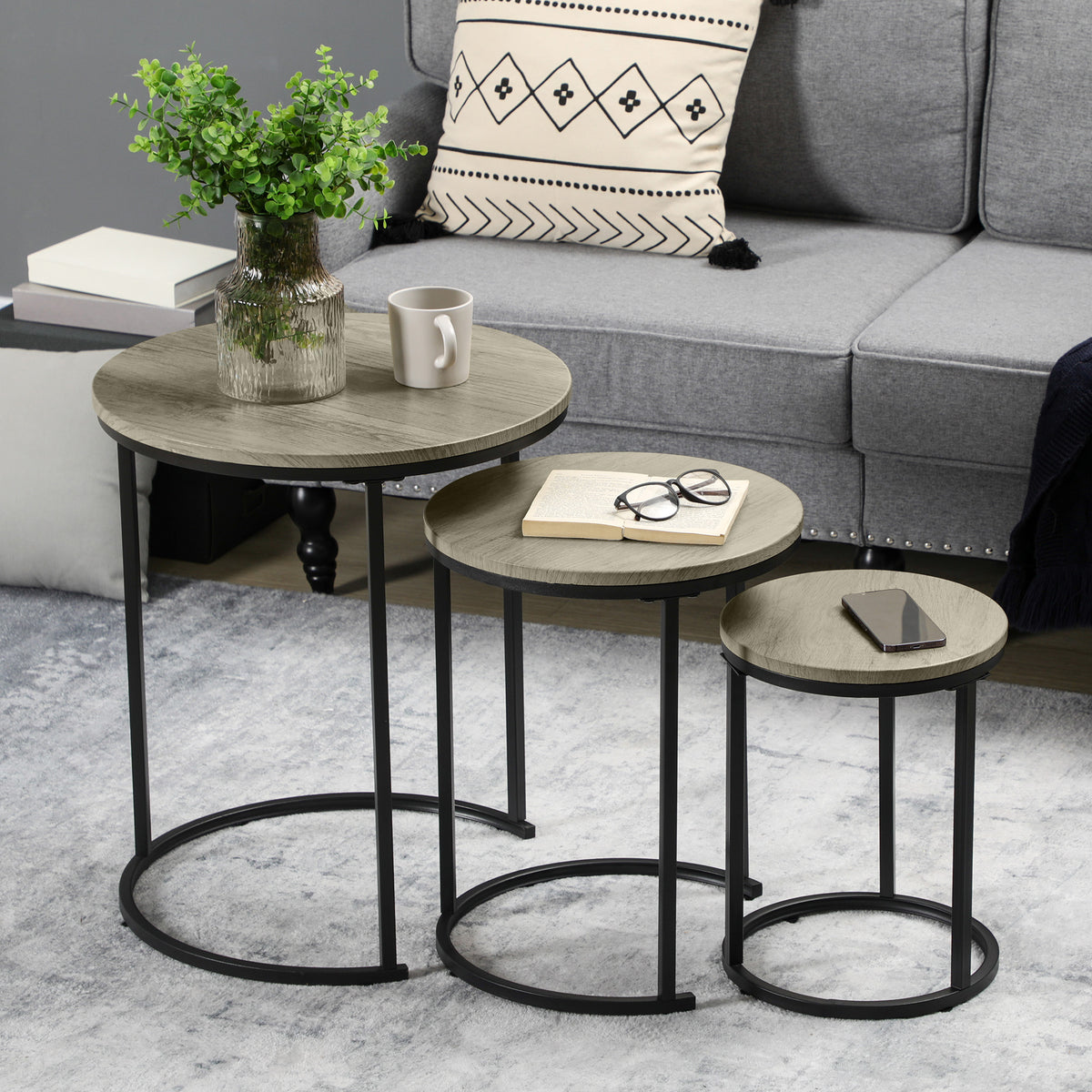 Ensemble de 3 tables gigognes, table basse ronde, tables d'appoint empilables avec structure en acier pour salon