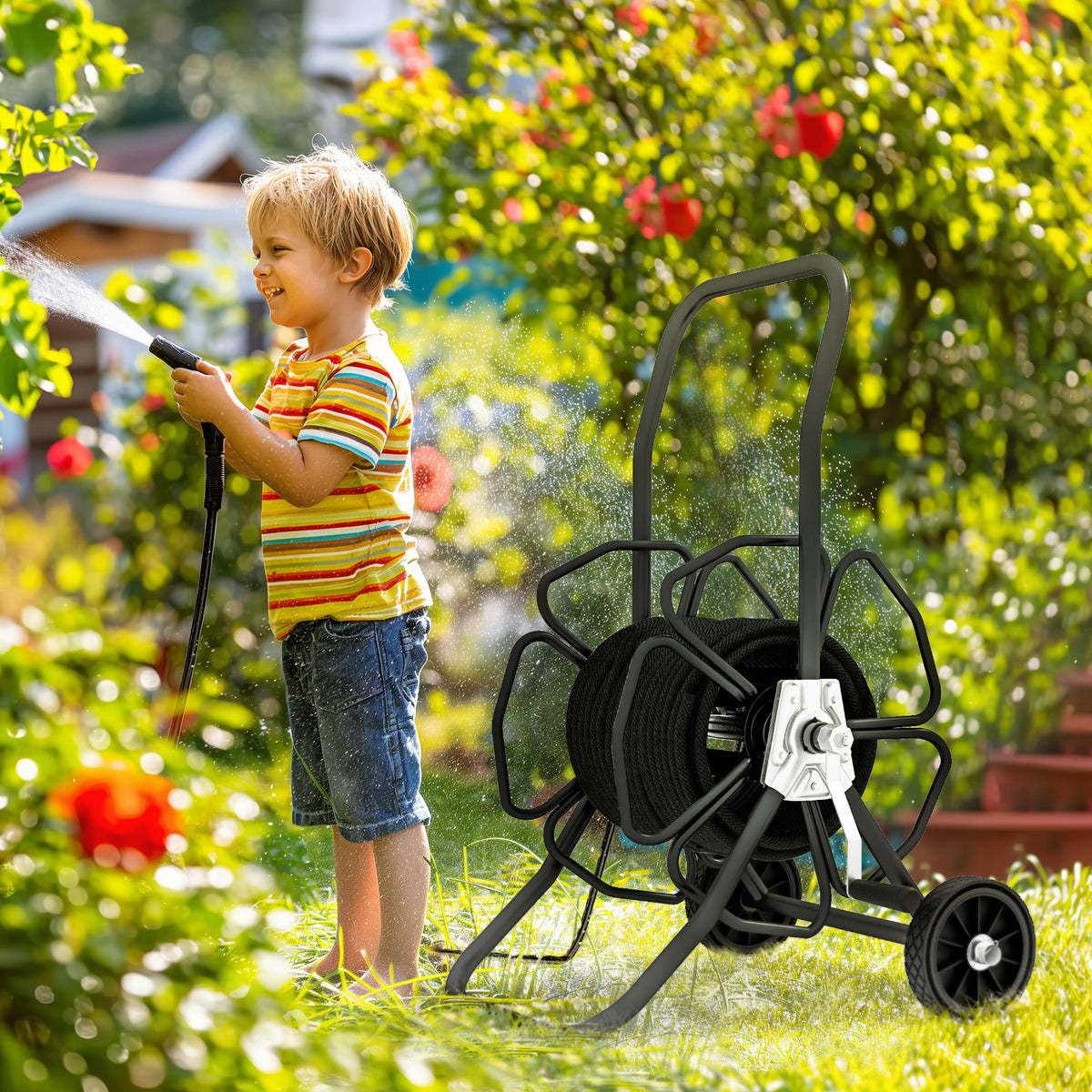 Dévidoir de tuyau d'arrosage 98 pi (tuyau de 5/8 po inclus), chariot à roulettes pour tuyau d'arrosage de jardin, pelouse, noir