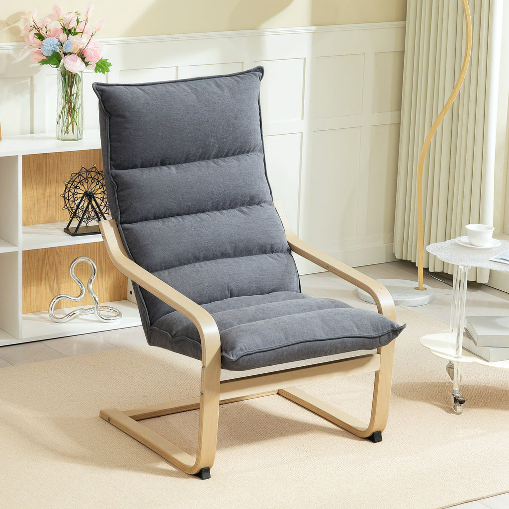 Fauteuil moderne en bois de bouleau et tissu, avec pieds et accoudoirs incurvés, gris.
