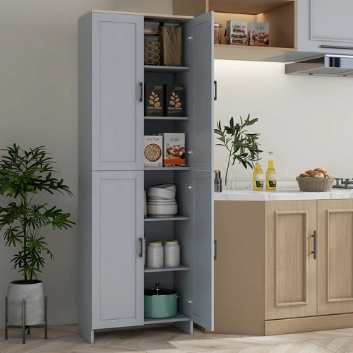 Armoire de cuisine 67" à 4 portes, meuble de rangement autoportant avec étagères réglables, gris
