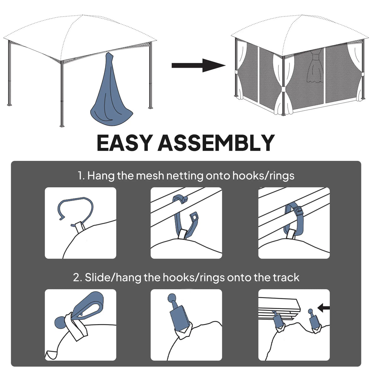 Moustiquaire de rechange pour gazebo 3 x 4 m, parois noires avec fermetures éclair, kaki
