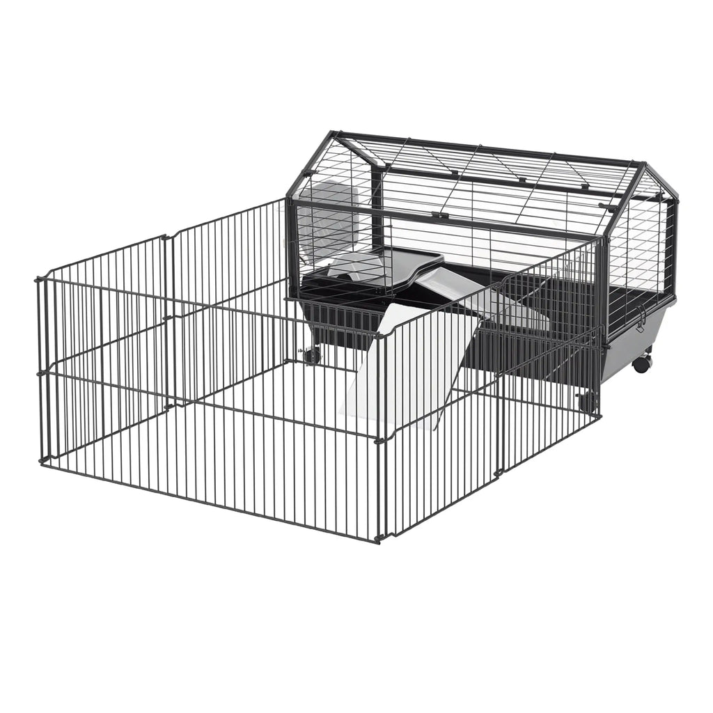 Cage pour cobayes avec parc pliable et amovible, cage à roulettes pour lapins, chinchillas, hérissons et lapins, habitat pour petits animaux avec biberon et mangeoire à foin, 87,6 cm x 128,3 cm x 55,9 cm