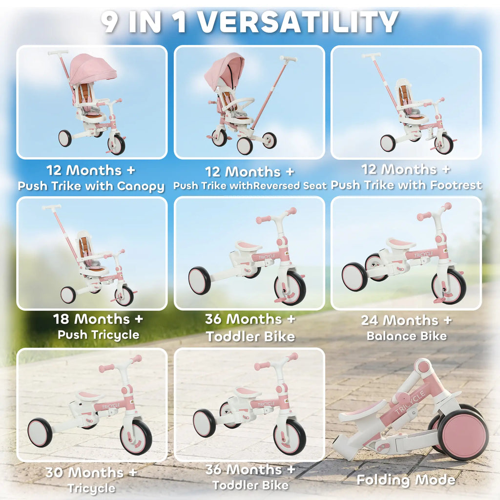 Tricycle 7 en 1 pour tout-petits avec harnais de sécurité, poignée parentale réglable et amovible, capote, sac de rangement et frein, rose