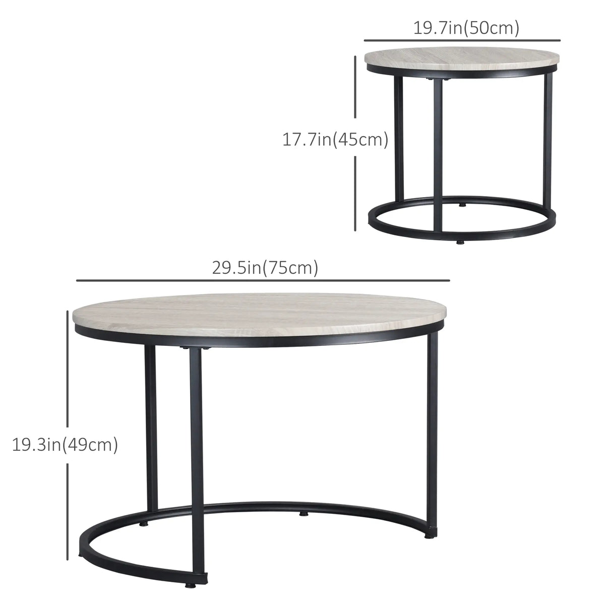 Ensemble de 2 tables basses gigognes, table basse ronde avec structure en métal, tables de salon, aspect bois gris
