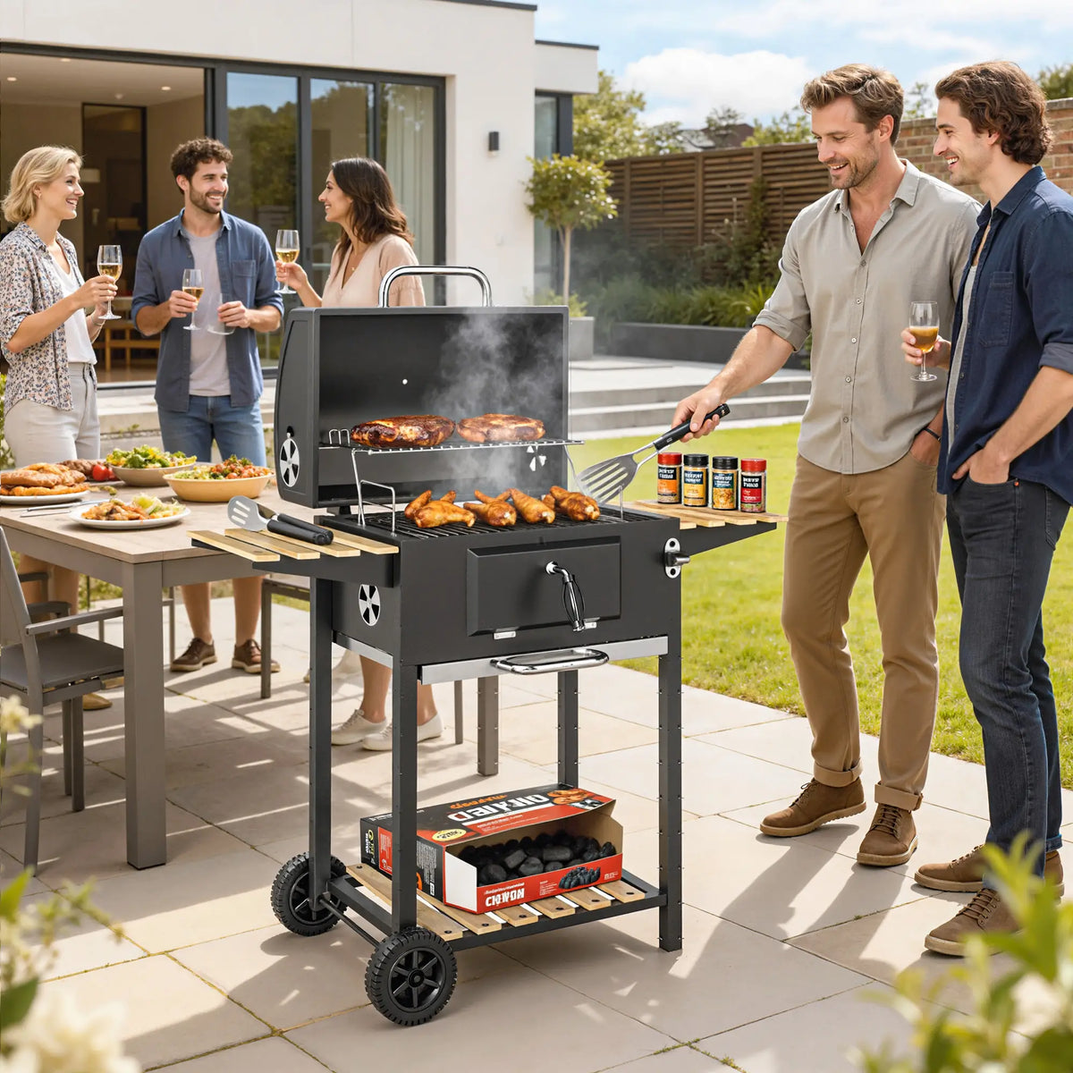 Barbecue à charbon 20" sur roulettes avec bac à charbon réglable, grande surface de cuisson, 3 étagères et thermomètre.