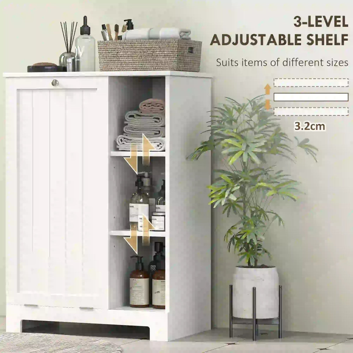 Meuble à linge avec panier amovible, panier à linge basculant avec étagère réglable et compartiments ouverts, blanc