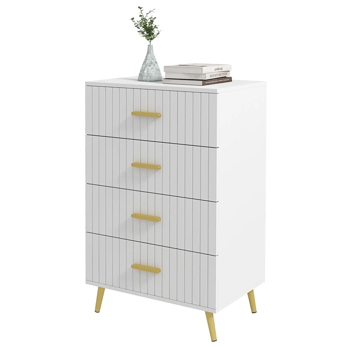 Commode à 4 tiroirs, idéale pour la chambre à coucher, avec pieds en aluminium et poignées dorées, blanche.