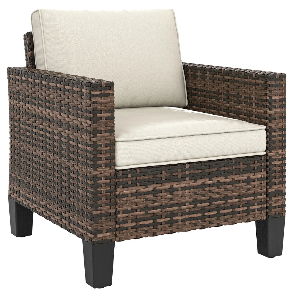 Fauteuil de jardin en résine tressée, avec accoudoirs et coussins, pour balcon, véranda ou terrasse, couleur blanc crème.