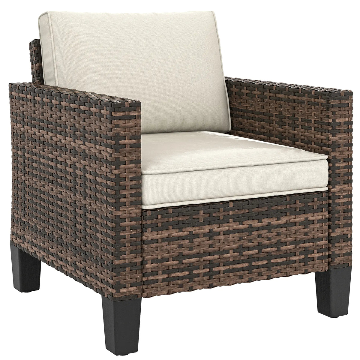 Fauteuil de jardin en résine tressée, avec accoudoirs et coussins, pour balcon, véranda ou terrasse, couleur blanc crème.