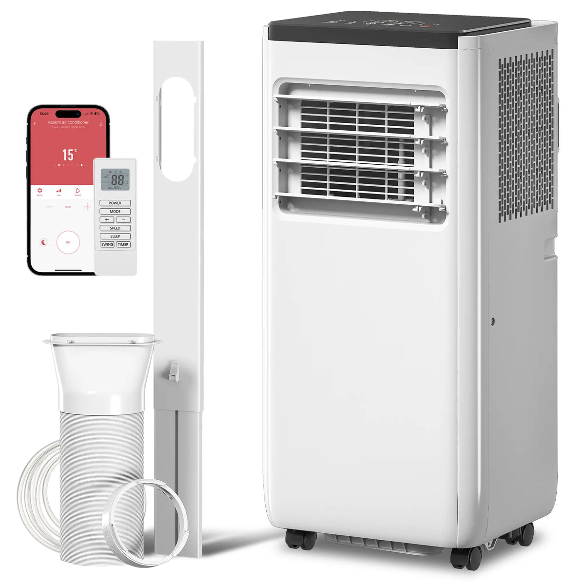 Climatiseur portable 4 en 1 10 000 BTU avec fonctions refroidissement, déshumidification, ventilation, mode sommeil, télécommande vocale Wi-Fi, blanc
