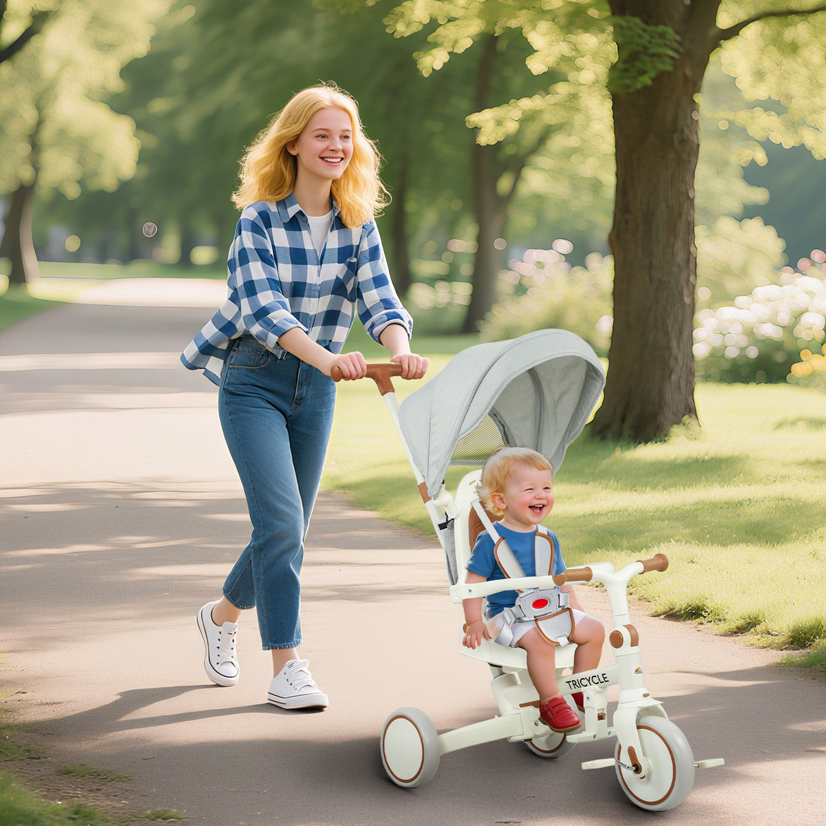 Tricycle 7 en 1 pour tout-petits avec harnais de sécurité, poignée parentale réglable et amovible, capote, sac de rangement et frein, blanc crème