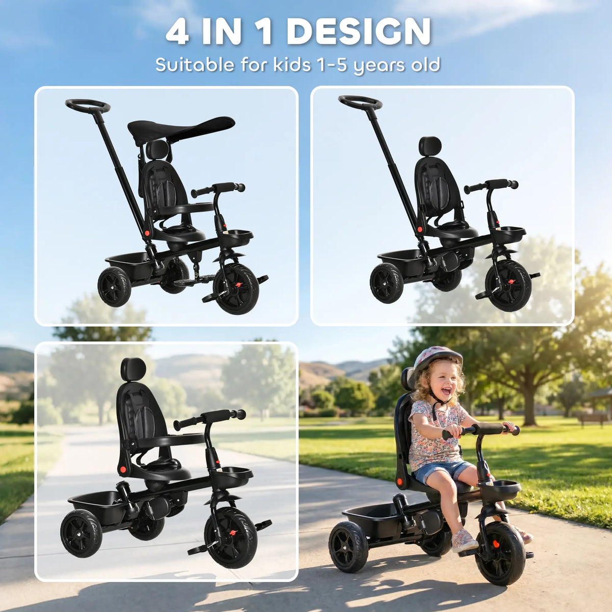 Tricycle 5 en 1 pour enfants de 1 à 5 ans : transforme la poussette en vélo, dossier réglable, capote plate, barre de sécurité et poignée amovibles. Couleur : noir.