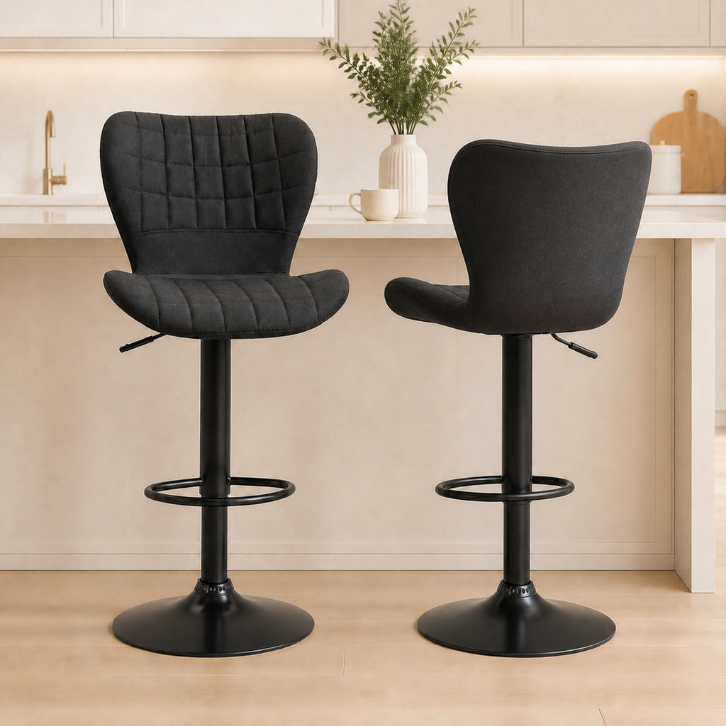 Ensemble de 2 tabourets de bar, chaises de bar pivotantes à hauteur réglable, tabourets de comptoir de cuisine revêtus de tissu aspect lin avec assise large, dossier et repose-pieds, noir