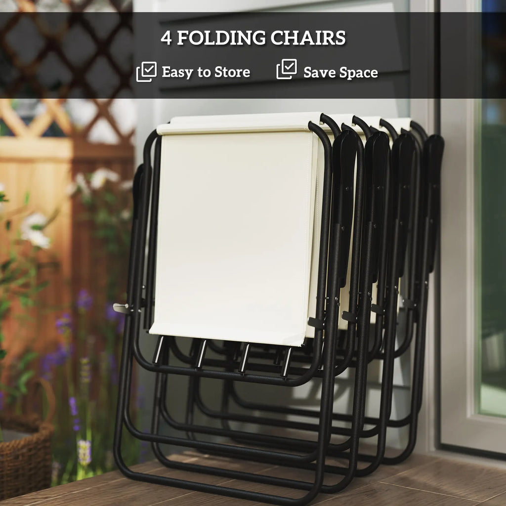 Ensemble de salle à manger de patio 6 pièces avec parasol, chaises pliantes et table en verre pour jardin ou terrasse, blanc crème