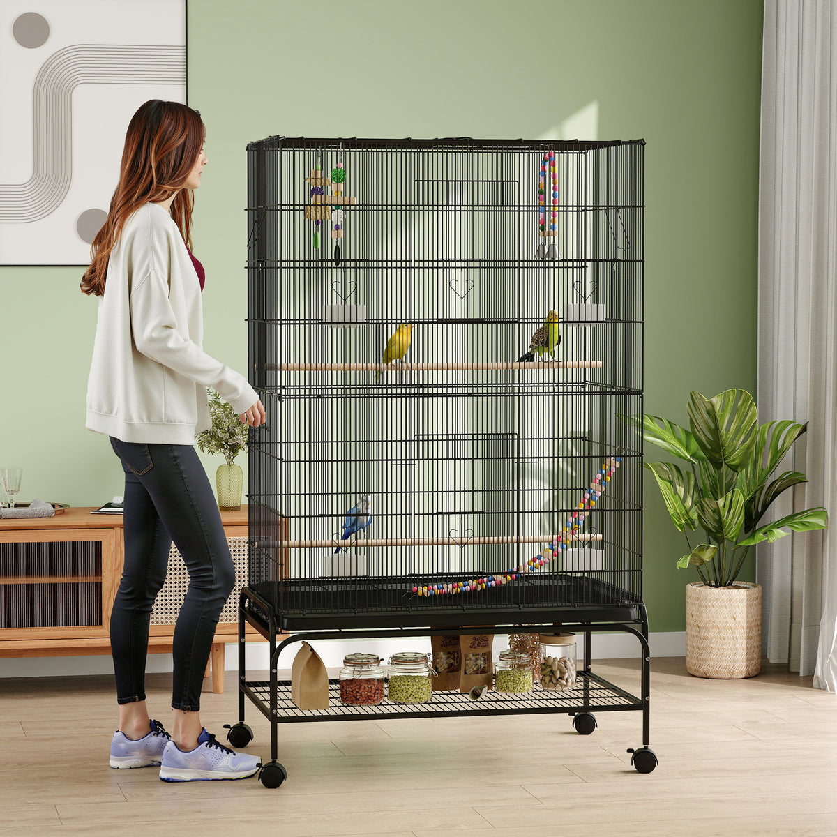 Cage à oiseaux 63" avec dessus ouvert pour perruches ondulées, calopsittes, inséparables et pinsons, support, jouets, plateau amovible et étagère de rangement