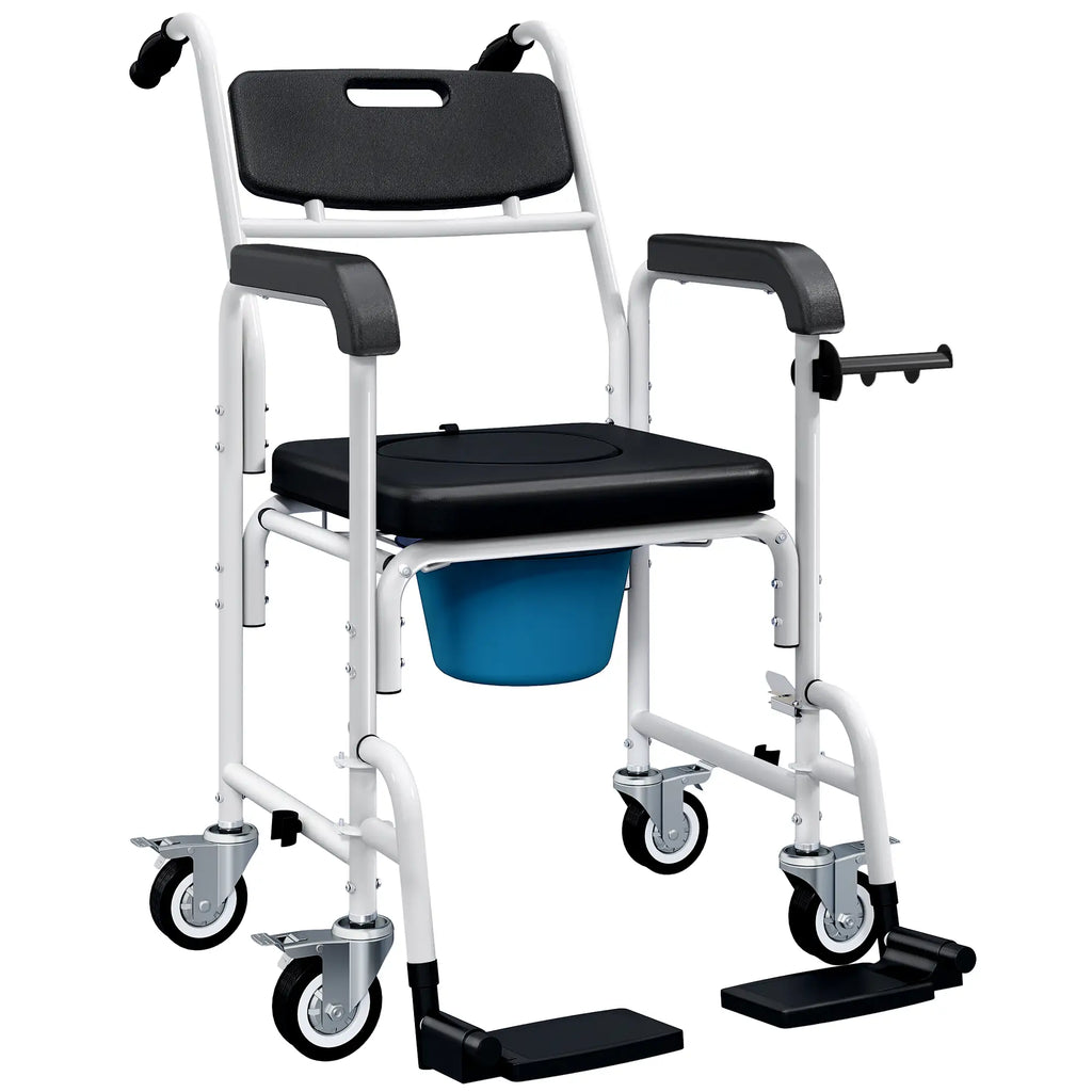 Chaise de douche roulante, chaise percée de chevet à roulettes avec dossier, accoudoirs et repose-pieds rabattables pour personnes âgées et personnes handicapées, noire