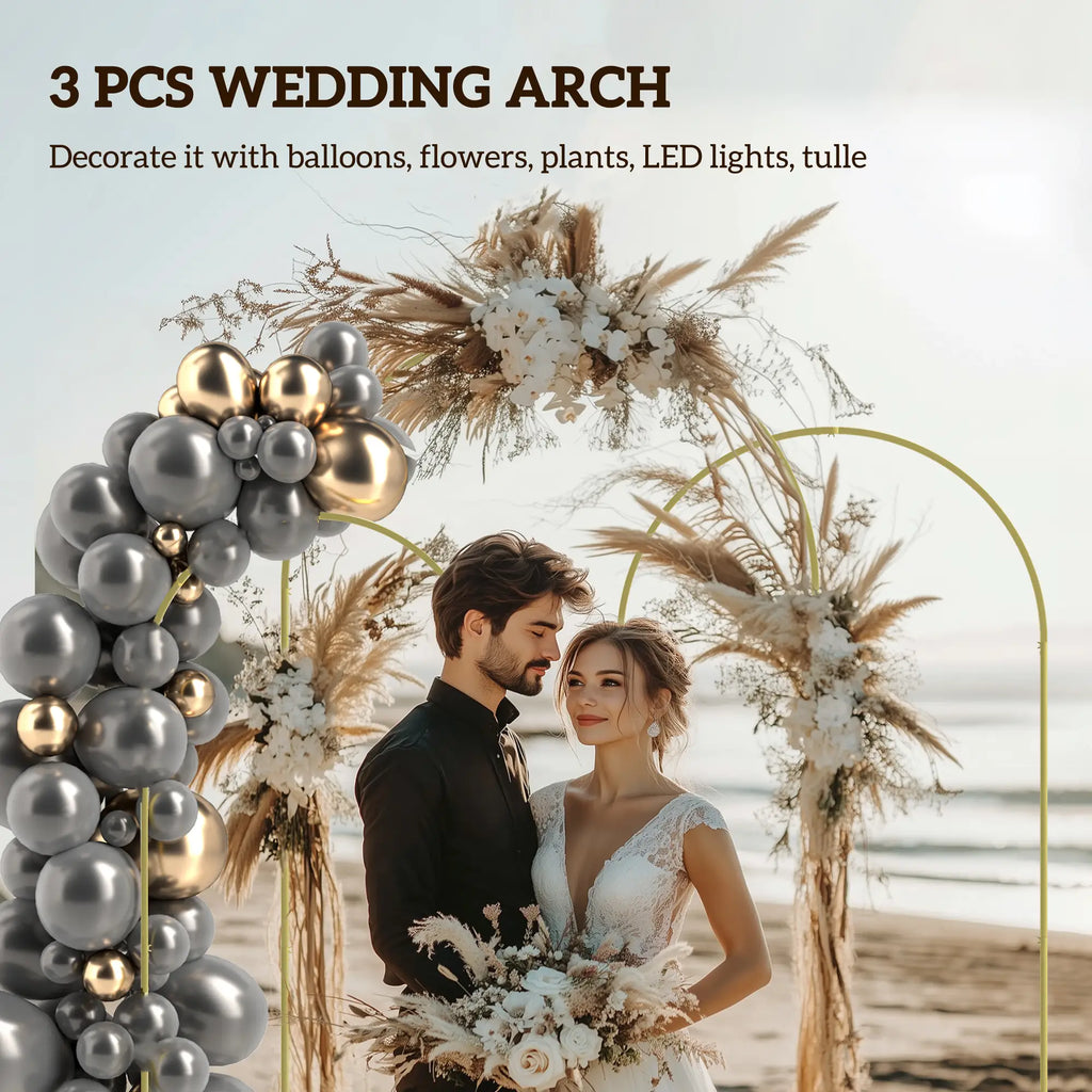 Arche de mariage, ensemble de 3 supports en métal pour ballons (2,13 m / 1,98 m / 1,83 m) pour anniversaire, enterrement de vie de jeune fille, remise de diplômes, cérémonie, banquet, couleur or