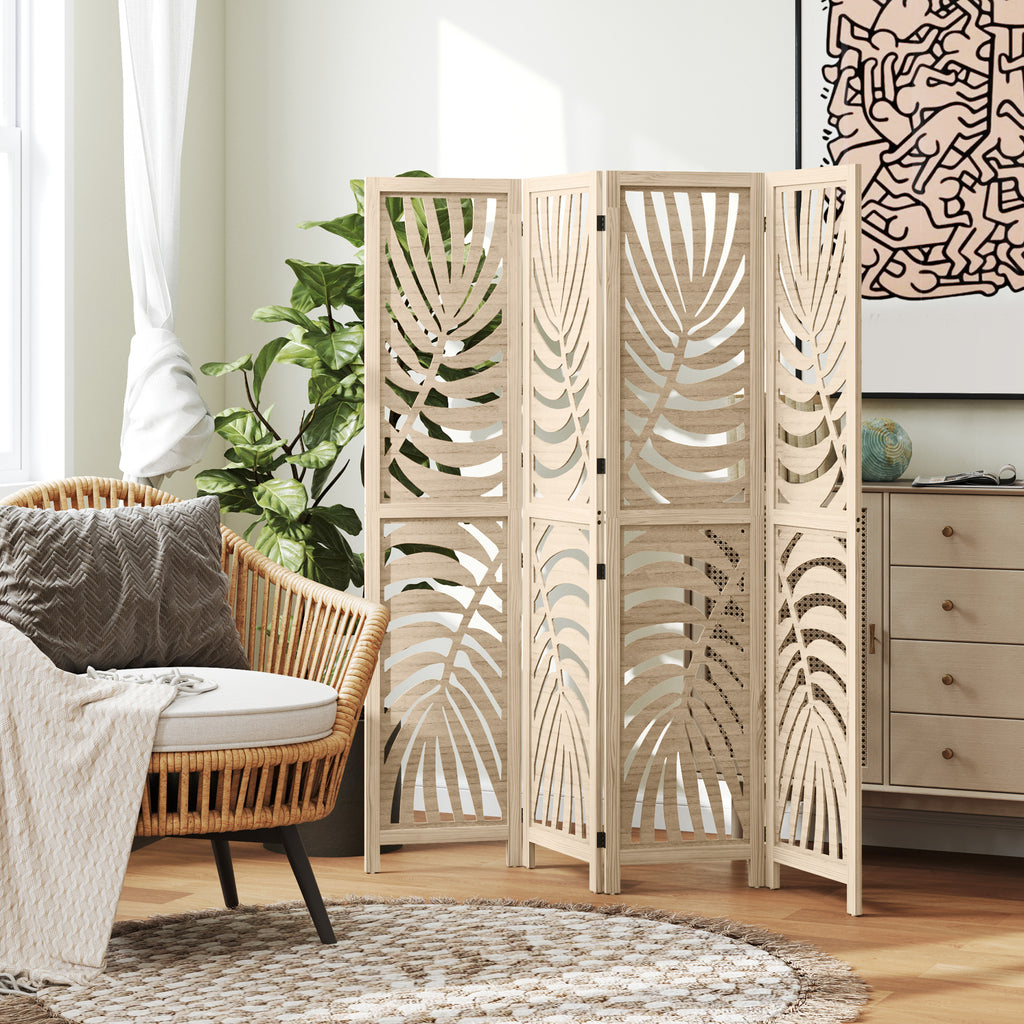 Paravent à 4 panneaux, écrans de confidentialité pliables et détachables avec motif de feuilles de palmier pour bureau à domicile, finition bois naturel