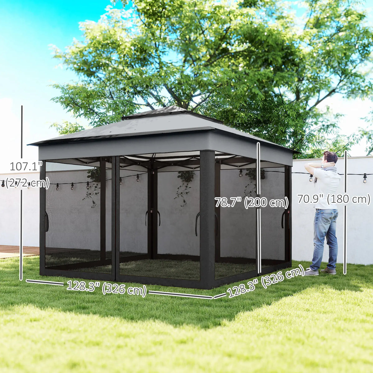 Gazebo pliant 3,26 x 3,26 m, abri solaire instantané réglable avec toit anti-UV30+, rideaux en maille amovibles, gris foncé